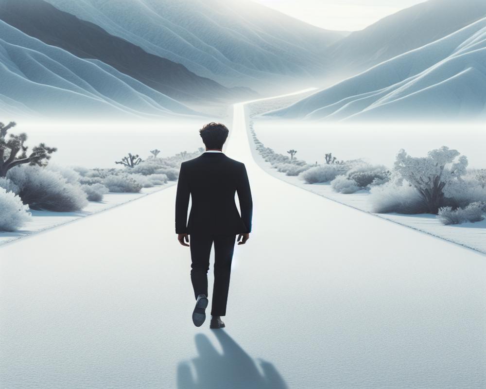 Black man is walking on a white road